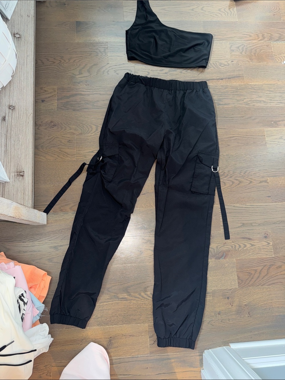 Black Cargo Jogger Pants & one shoulder top set for Women - Utility Strap Detail